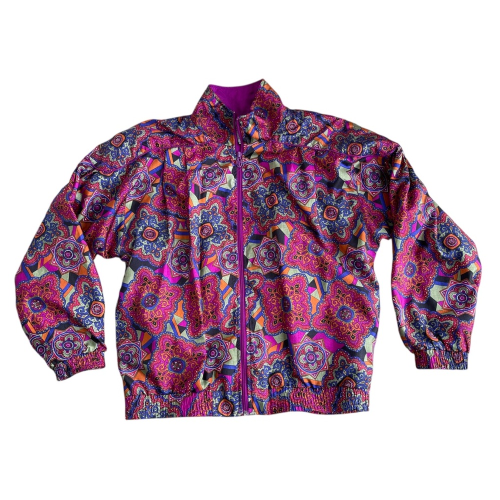 Vintage Purple Floral Geometric Windbreaker Jacket Women’s Medium Y2K